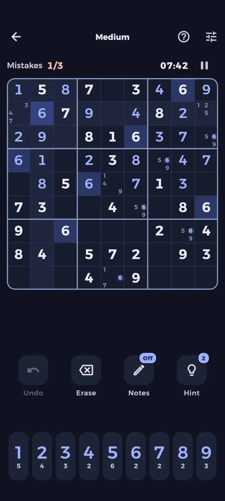 A medium sudoku in progress with notes and highlights