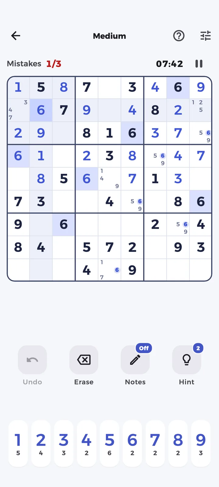A medium sudoku in progress with notes and highlights