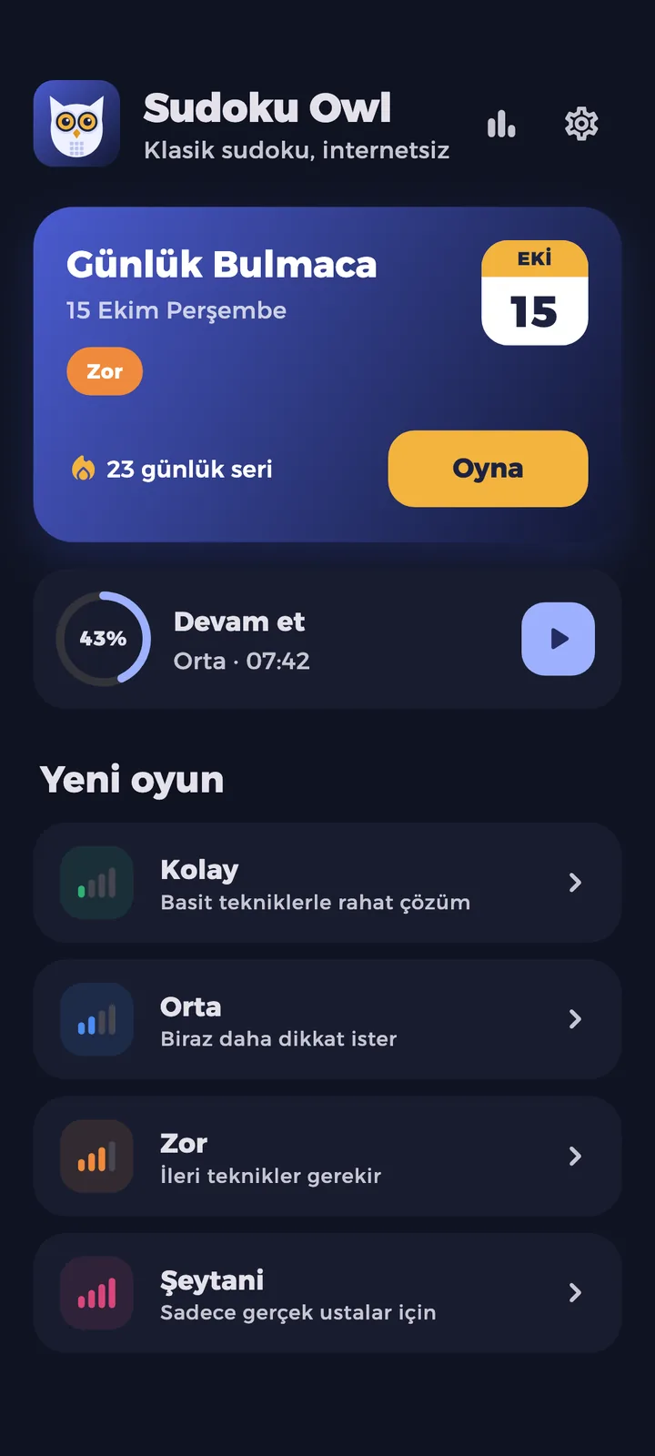 Günlük bulmaca ve dört seviyeyle Sudoku Owl ana ekranı
