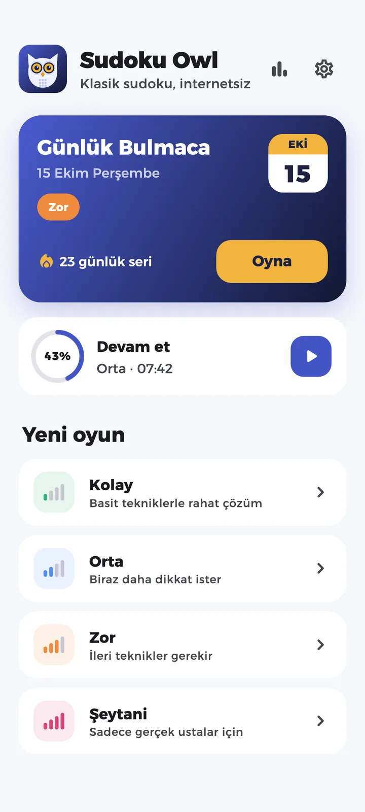 Günlük bulmaca ve dört seviyeyle Sudoku Owl ana ekranı